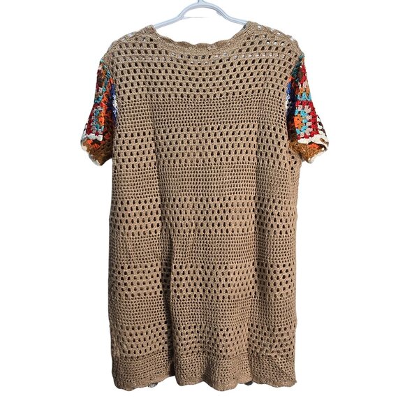 NWT | OUKODS Tan Crochet Swim Cover Up with Multi Color Granny Square Sleeves - Picture 2 of 6